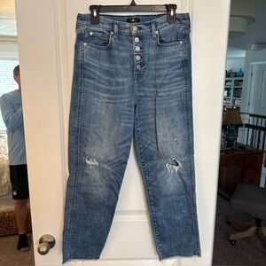 7 For All Mankind Sz 30 High Waisted Cropped Straight Button Fly Distressed Jean